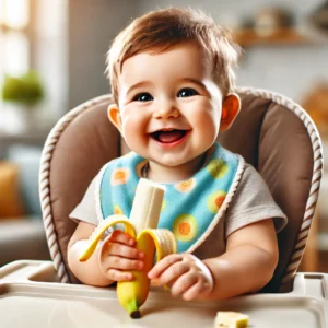 immagine che rappresenta un neonato che mangia da solo una banana