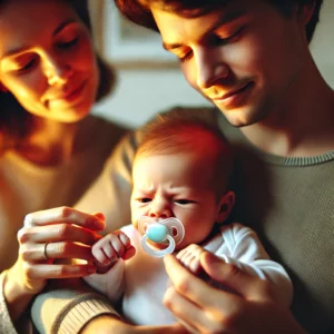 neonato che rifiuta il ciuccio con i genitori