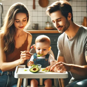 mamma e papà che aiutano e controllano in neonato durante un pasto