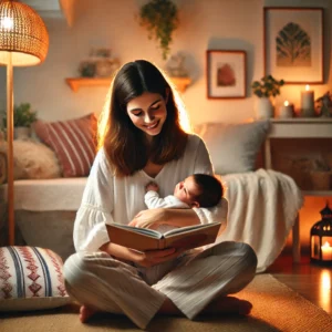 mamma che legge libro al suo neonato