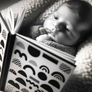 Neonato che guarda un libro in bianco e nero