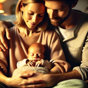 foto di una mamma e un papà che tengono tra le braccia il loro bimbo