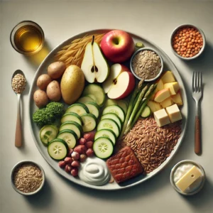 piatto pieno di verdure frutta e cereali con attorno ciotole con olio lenticchie rosse cereali e latticini
