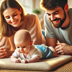 neonato che fa tummy time con i suoi genitori